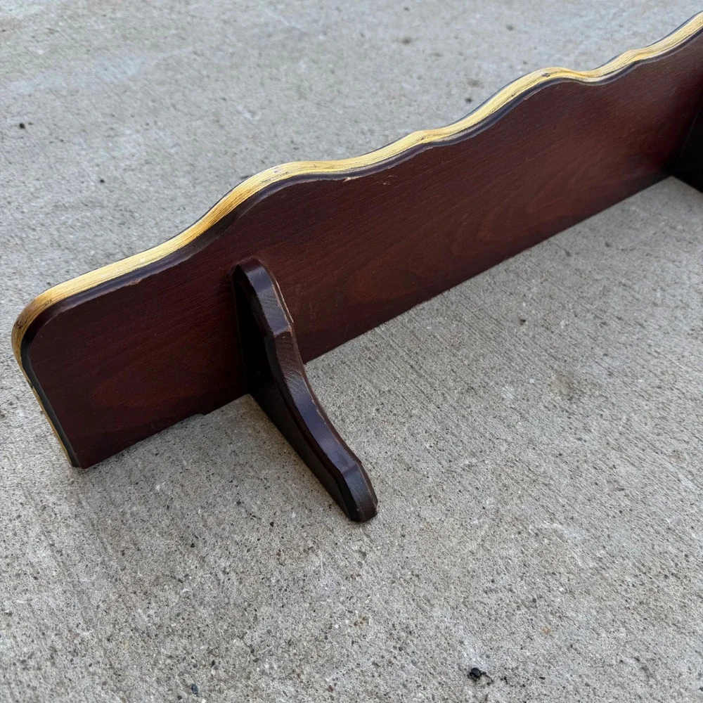 Vintage Wood Wall Shelf Scalloped Gold Edge Dark Cherry Plate Rail 24 Inch